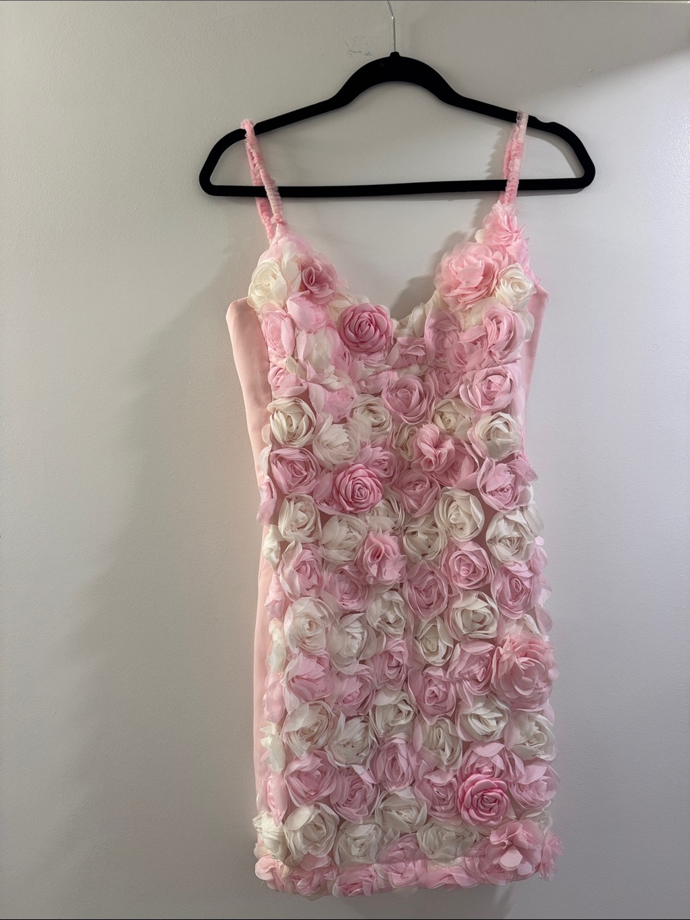 Pink & Cream Floral Rosette Mini Dress with Spaghetti Straps